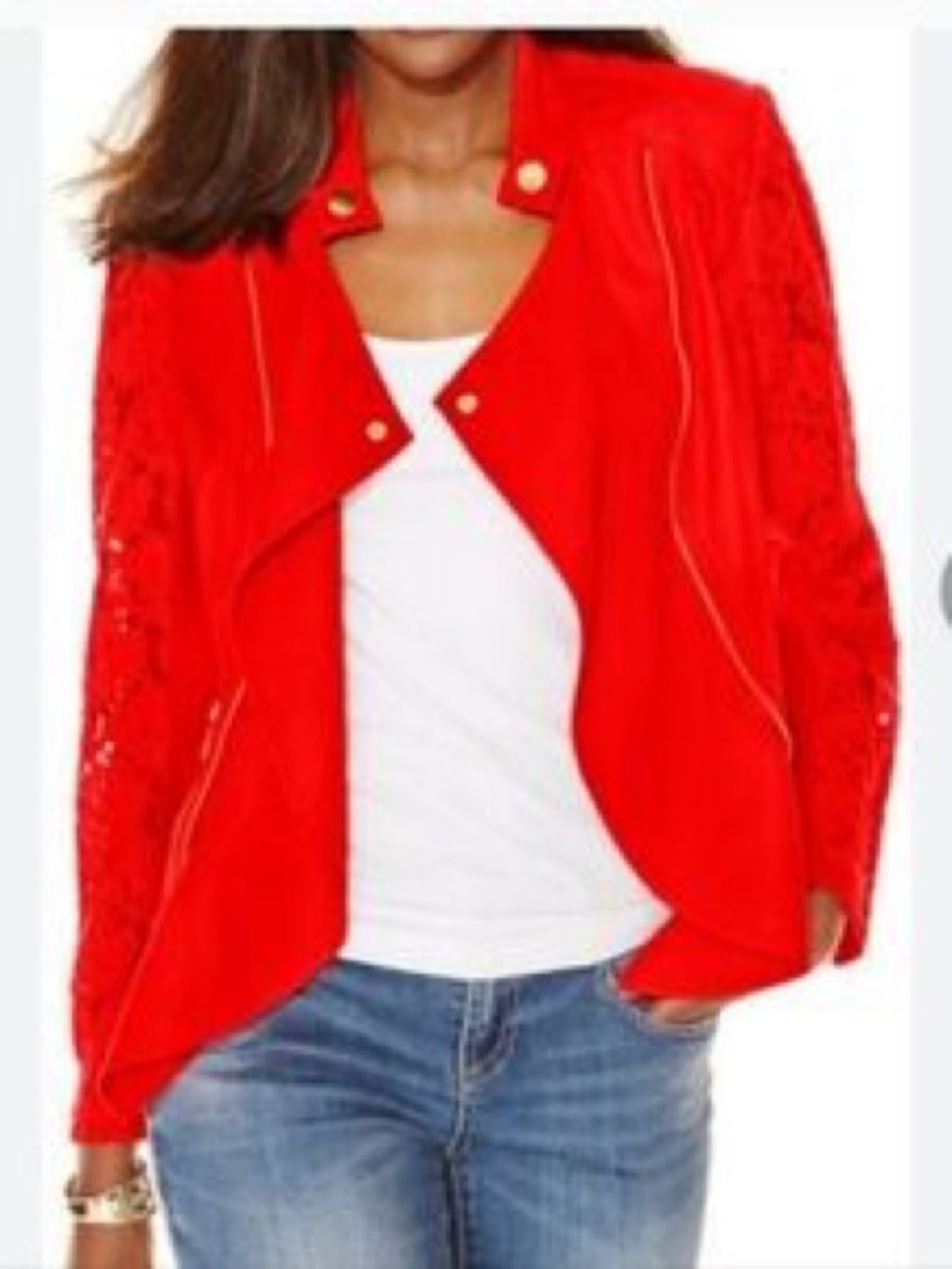 INC International Concepts Red Lace-Sleeve Draped Linen Jacket